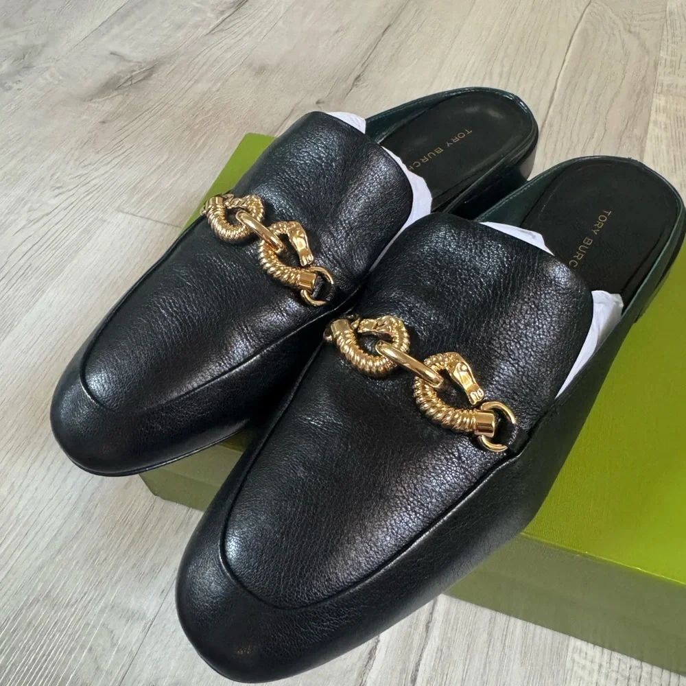 Tory Burch Black Leather Loafers with Gold Chain - Picture 1 of 5